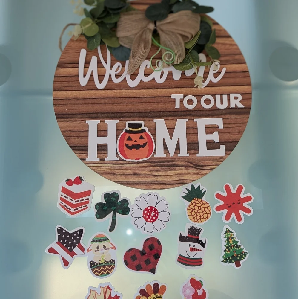 Welcome Sign for Front Door, Seasonal Wreath with Interchangeable Magnets
